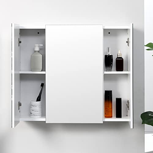 kleankin Bathroom Medicine Cabinet with Mirror, 3 Doors, Wall Mount, White | Bathroom Mirror Cabinet, Adjustable Shelves