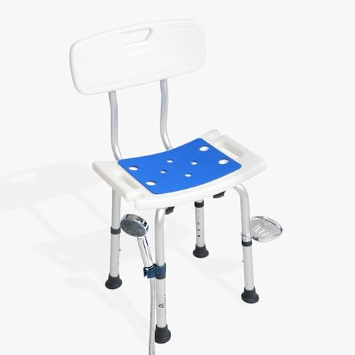 Shower Chair for Inside Shower With Soap box - Height Adjustable Shower Chair for Elderly and Disabled with Removeable Back & Enhanced Non-Slip Feet - Lightweight Aluminum Construction - Blue