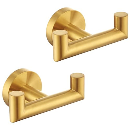 Brushed Gold Double Bathroom Robe Hooks, 2 Pack, Wall Mounted | Rustproof 304 Stainless Steel, Heavy-duty 11lbs Towel Hooks for Robes, Coats, Bags, Shower, Kitchen, Entryway Storage Hooks - color: Brushed Gold