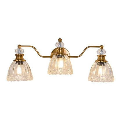 ASGYISA Lyfeesis Gold Bathroom Light Fixtures Over Mirror Vintage Brass Vanity Light 3 Light Crystal Glass Shade Matte Antique Brass Finish