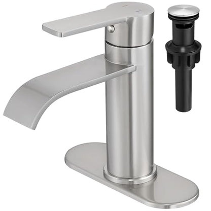 VOTON Bathroom Faucet Brushed Nickel Waterfall with Drain & Deck Plate | Waterfall Spout | Brushed Nickel | Lead-Free SUS 304 | Pop-Up Drain | 1/3 Hole Install | 6 in Deck Plate - color: Brushed Nickel