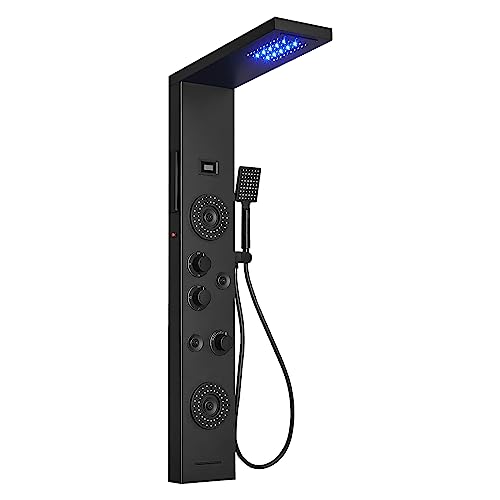 BWE Shower Panel Tower System Matte Black | LED Rainfall Waterfall Shower 6-Function Faucet 4 Mist Jets 2 Body Sprays with Handheld and Waterfall Tub Spout - color: Black