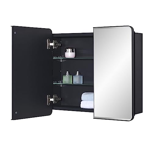 Black Bathroom Medicine Cabinet with Round Corner Framed Door and Beveled Edge Mirror 22 x 20 inch, Recessed or Surface Mount, with Adjustable Glass Shelves - size: 22 x 20 inch