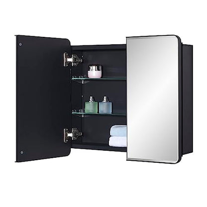 Black Bathroom Medicine Cabinet with Round Corner Framed Door and Beveled Edge Mirror 22 x 20 inch, Recessed or Surface Mount, with Adjustable Glass Shelves - size: 22 x 20 inch
