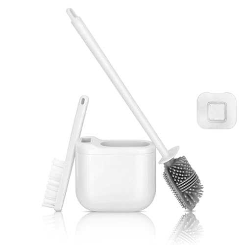 Silicone Toilet Brush Set with Corner Brush & Wall-Mounted Holder, No-Scratch Design with Drainage Holes, Adhesive Installation, White