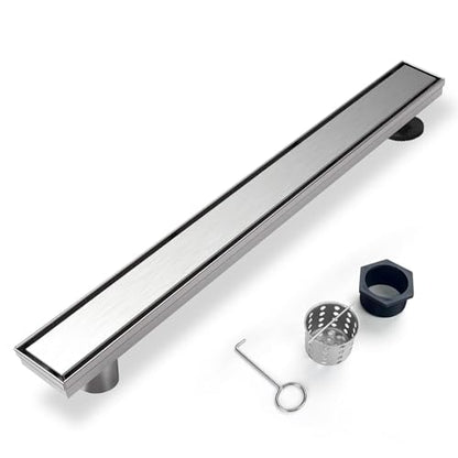 24 Inch Offset Linear Shower Drain, Brushed 304 Stainless Steel | Offset Side Outlet,Easy to install,Tile-In Grate,Hair Catcher,Leveling Feet,Complete Install Kit, Removable Grate Cover - color: Stainless Steel, size: 24 inch