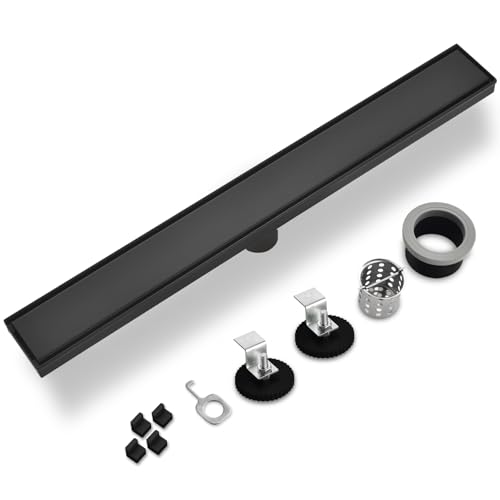 Linear Shower Drain ，with Tile Insert Panels ，28 Inch Black 304 Stainless Steel Rectangle Shower Floor Drain，with Hair Catcher, Adjustable Feet，Fits Bathroom, Balcony - color: Matte Black, size: 28inch