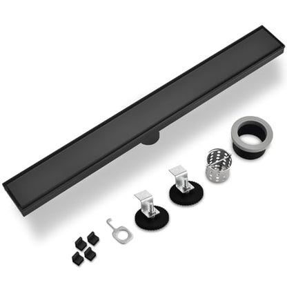Linear Shower Drain ，with Tile Insert Panels ，36 Inch Black 304 Stainless Steel Rectangle Shower Floor Drain，with Hair Catcher, Adjustable Feet，Fits Bathroom, Balcony - color: Matte Black, size: 36inch