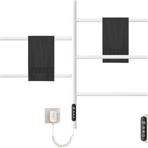 180°Rotation Electric Heated Towel Rack Wall Mounted Towel Warmer Racks 5 Bars Hardwired & Plug-in Hot Towel Rack with 1H-9H Timer for Home Bathroom Salons and Spas (White) - color: White, size: G63