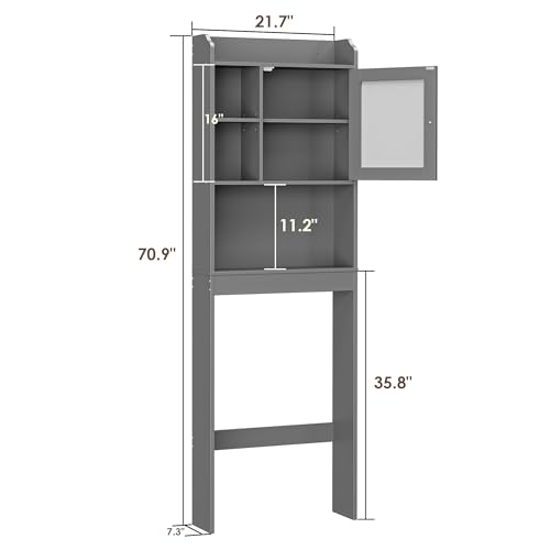 SUPER DEAL Over The Toilet Bathroom Storage Cabinet Freestanding Wooden Bathroom Organizer with Adjustable Shelves and Glass Door, Gray - color: Grey