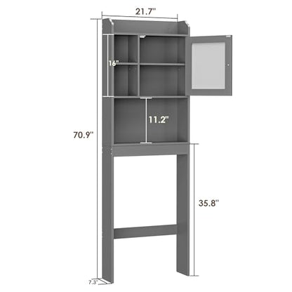 SUPER DEAL Over The Toilet Bathroom Storage Cabinet Freestanding Wooden Bathroom Organizer with Adjustable Shelves and Glass Door, Gray - color: Grey