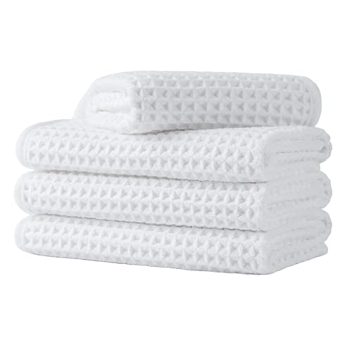 Microfiber Waffle Face Towels, 4 Pieces, Soft, Absorbent, Fast Drying, Lint Free 430 GSM (White) - color: White
