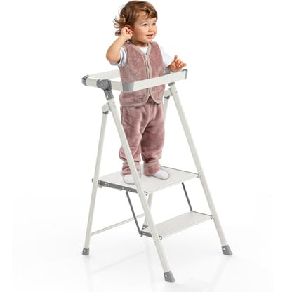 Foldable Toddler Tower, 2-Step Kids Step Stool with Safety Rail, Compact Folding Toddler Standing Stool for Kitchen, Bathroom and Home, Step Ladder for Toddlers and Adults - color: Smoky Gray