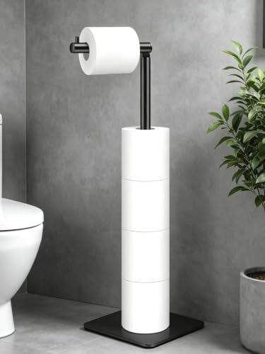 Free Standing Toilet Paper Holder, Bathroom Toilet Paper Stand with Shelf Hold 4 Paper Rolls, Modern Square Base Tissue Roll Storage Holder, Black, Naturous