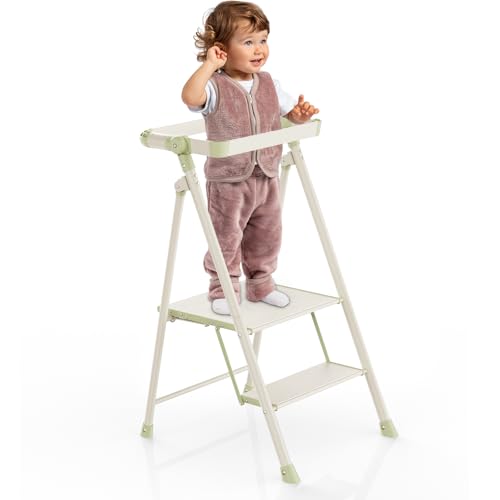 Foldable Toddler Tower, 2-Step Kids Step Stool with Safety Rail, Compact Folding Toddler Standing Stool for Kitchen, Bathroom and Home, Step Ladder for Toddlers and Adults - color: Matcha Green