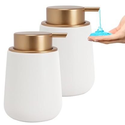 Soap Liquid Dispenser Ceramic with Easy-to-Press Pump Hand Liquid Dispenser for Shampoo Bathroom Kitchen 12 oz 2pcs - color: Liquid-goldwhite