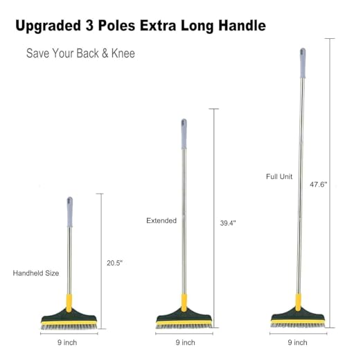 2 in 1 Cleaning Scrub Brush Grout Brush Scrapee 3 Poles 47.6'' Floor Scrub Brush with Long Handle V-Shape Stiff Bristle Brush Scrubber with Squeegee 120°Rotate Shower Scruber for Bathroom Glass - color: 3poles Green
