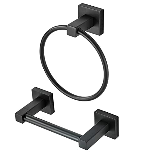 WOLIBEER Black Toilet Paper Holder Towel Ring, Matte Bathroom Hand Towel Holder Toilet Roll Holder, Modern Bath Hardware Set Wall Mounted Stainless Steel 2 Pieces - color: Black