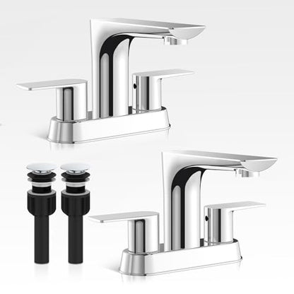 Bathroom Faucet, 4 Inch Faucet 2 Handle Bathroom Sink Faucets, Centerset Faucet for Bathroom Sink with Pop-up Drain Stopper and Supply Hoses, Farmhouse Sink Faucet - color: 2.Chrome Polished, style: 2 PCS