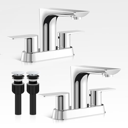 Bathroom Faucet, 4 Inch Faucet 2 Handle Bathroom Sink Faucets, Centerset Faucet for Bathroom Sink with Pop-up Drain Stopper and Supply Hoses, Farmhouse Sink Faucet - color: 2.Chrome Polished, style: 2 PCS