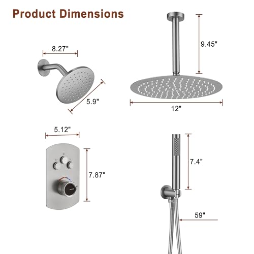 MONDAWE 12 Inch Ceiling Mounted Shower System in Brushed Nickel, 3-Function Shower Faucet Set with Rainfall Dual Shower Head and High Pressure Handheld Spray, All Function Can be Used At the Same Time - color: Brushed Nickel