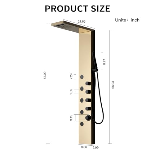 Brushed Gold Stainless Steel Rainfall Shower Panel, Wall Mount Shower Tower, 5 High Pressure Body Jets, Gold - color: Gold