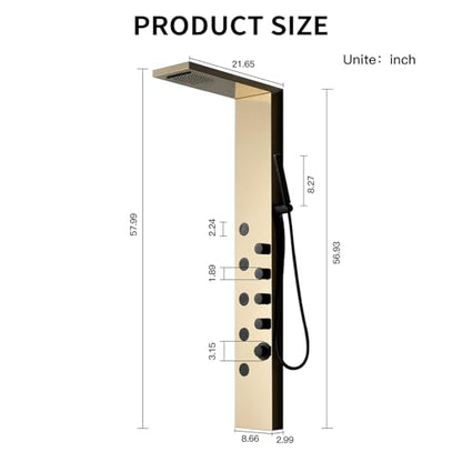 Brushed Gold Stainless Steel Rainfall Shower Panel, Wall Mount Shower Tower, 5 High Pressure Body Jets, Gold - color: Gold