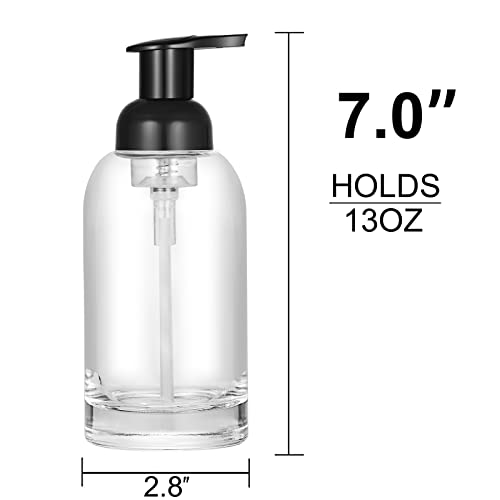 CHBJDAN 2 Pack Thick Clear Glass Jar Soap Dispenser with Foaming Pump, 13 Ounce Clear Round Bottles Dispenser with Foaming Pump (Black, 13oz) | 13 Ounce Clear Round Bottles Dispenser with Foaming Pump, Foam Soap Dispenser