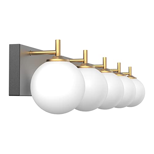 Aipsun Mid Century Modern Bathroom Vanity Light Over Mirror 5 Lights Milky White Globe Glass Black/Golden Bathroom Light Fixture(Exclude Bulb) - color: Black+Gold, size: 5 Lights