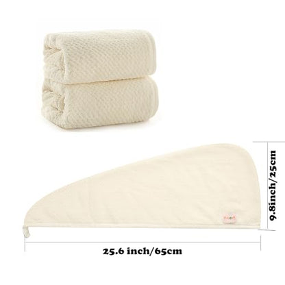 M-bestl 2 Pack Microfiber Hair Towel Wrap with Button to Dry Hair Quickly | Hair Drying Towel , Absorbent and Soft,Anti-frizz Towel (Beige&Beige) - color: Beige&beige