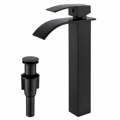 VOTON Vessel Sink Faucet Matte Black Modern Tall Waterfall Bathroom Sink Faucet with Pop-Up Drain Single Handle Bathroom Faucet 1 Hole Bowl Lavatory Vanity Faucet, Rv Sink Camper Farmhouse Faucet - color: Matte Black, size: Tall