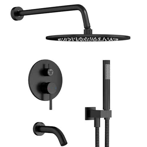 Gabrylly Shower System, 10" Bathtub Shower Faucets Set, Matte Black | All Metal Rain Shower Head with Handheld Spray Combo and Tub Spout, Luxury Bathroom Rainfall Shower Head Set With Valve - color: Black