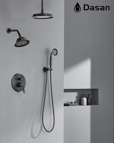 DASAN Antique Dual Shower Head Faucet Set, Oil Rubbed Bronze Dual Rain Shower Head System Complete Double Head Shower Fixture Combo, 9'' & 6'' Dual Rainfall Overhead Shower with Handheld, Valve & Trim - color: Oil Rubbed Bronze