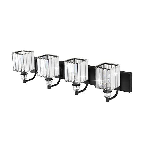 Ralbay Black Crystal Vanity Light 4 Light 31.5''Modern Matte Black Bathroom Wall Light Fixtures Over Mirror Bathroom Vanity Lights - color: Square-Black, size: 32 inch