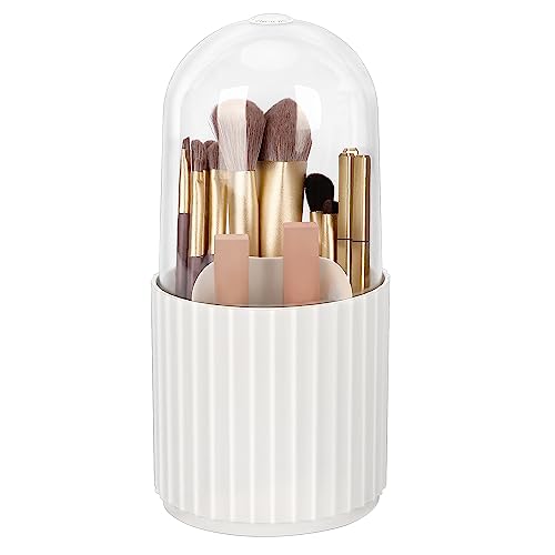 JessLab Makeup Brush Holder Organizer with Lid, 360 Degree Rotatable Makeup Brush Organizer Spinning Cosmetics Holders Brush Storage Box Display for Bathroom Vanity Countertop, White - color: White
