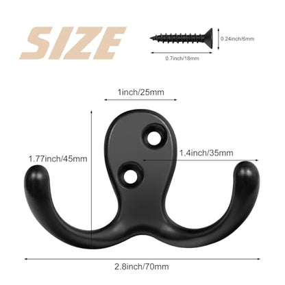 Homanu 24 Pack Coat Hooks, Heavy Duty Double Prong Coat Hooks Wall Mounted with 48 Screws, No Rust Black Metal Wall Hooks for Hanging Towel, Coat, Bag, Hat, Cup, Key - color: 24 Pcs Black