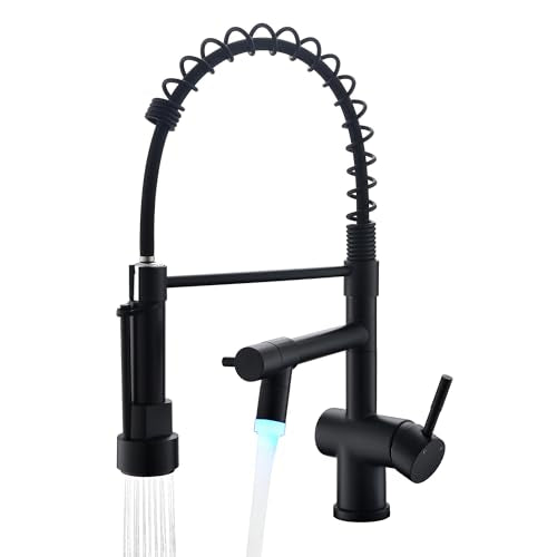 VFAUOSIT Kitchen Faucet with Pull Down Sprayer, Matte Black LED Light | Dual Outlets, Hands-Free Spray Lock, 360° Swivel, 10-Minute Tool-Free Setup, Fingerprint-Resistant Finish, Ceramic Valve - color: Matte Black-04
