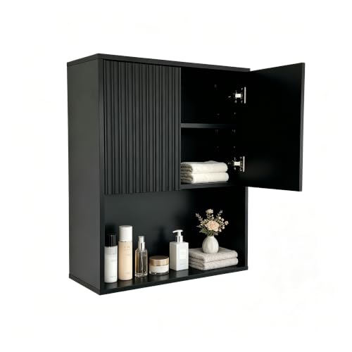 Fluted Bathroom Wall Cabinet Over the Toilet Storage,Wall Mounted Cabinet with Adjustable Shelf,Floating Cabinet Organizer Hanging Cabinet,Kitchen and Laundry Room Cabinets (Black, 1 PC) - color: Black