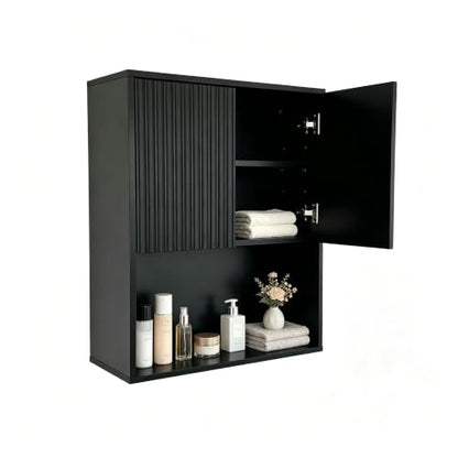 Fluted Bathroom Wall Cabinet Over the Toilet Storage,Wall Mounted Cabinet with Adjustable Shelf,Floating Cabinet Organizer Hanging Cabinet,Kitchen and Laundry Room Cabinets (Black, 1 PC) - color: Black