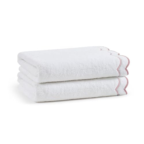 Peri Home 2 Piece Cotton Bath Towel Set, Embroidered, White, Blush Scallop - color: White With Blush Scallop, size: 2 Bath Towel
