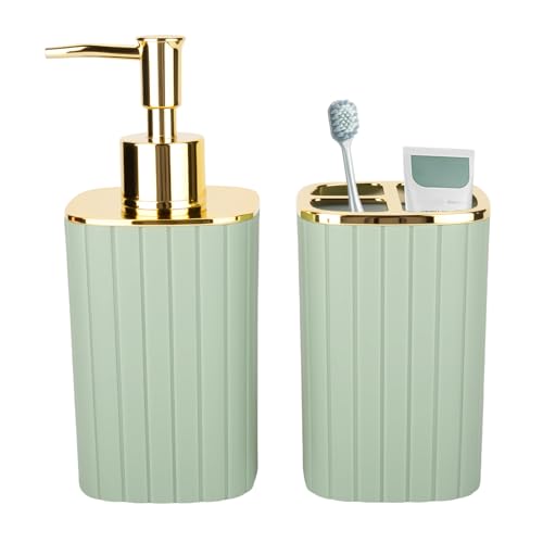 RRM Bathroom Soap Dispenser and Toothbrush Holder Set, Sage Green | 2 Piece Bathroom Accessories Set for Bathroom Countertop Storage and Housewarming Gifts - color: Sage Green, size: 2Pcs