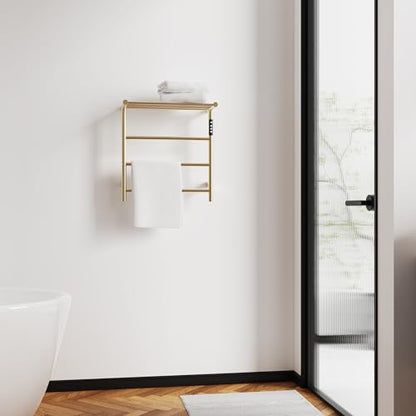 Towel Warmers for Bathroom, Stainless Steel Heated Towel Racks with Top Shelf, Wall Mounted Towel Heater with Intelligent Touch Screen Timer & Temperature Adjustment, Plug-in/Hard-Wired, Brushed Gold - color: Brushed Gold, size: 3-Bar with Top Shelf