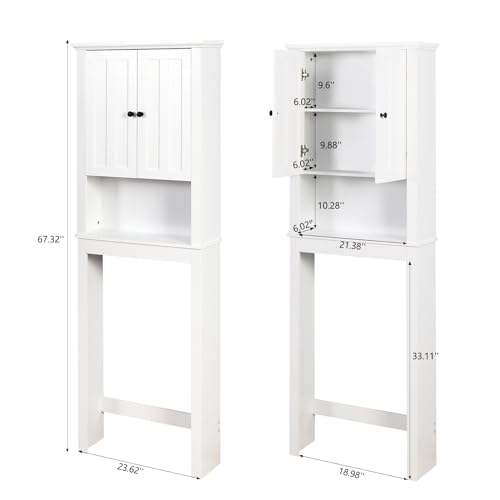 Over The Toilet Storage Cabinet, Bathroom Storage Cabinet Organizer with Double Doors and Adjustable Shelf, 23.62x7.72x67.32 inch,Bathroom Space Saver,White
