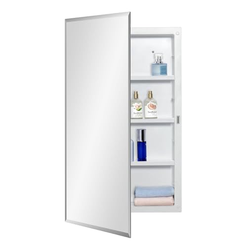 IDYLLOR Plastic Medicine Mirror Cabinet for Bathroom 16 x 28 inch, Recessed and Surface Mount - color: White, size: 16x28 inch Beveled Edge Mirror