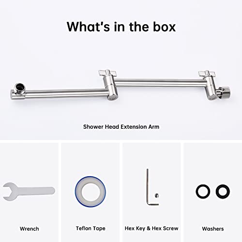 G-Promise 16 Inch Solid Brass Shower Head Extension Arm (Brushed Nickel) | Rise or Lower Shower Head, All Metal, Height & Angle Adjustable Extender, Firmly Secure Shower Head, Easy Install - color: Brushed Nickel