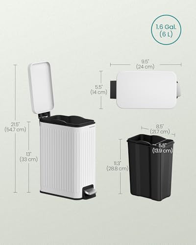 SONGMICS Bathroom Trash Can, 1.6-Gallon (6 L) Trash Bin with Lid, Slim for Small Spaces, Stainless Steel Garbage Can, Soft Close, White ULTB563W02 - color: White, style: 1.6 Gal. & fluted design