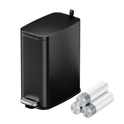 1.6 Gal Small Bathroom Trash Can with Lid, Step Pedal, Slim Black | Stainless Steel Garbage Can, Soft Close Lid, Removable Inner Bucket, Includes 60 Trash Bags for Restroom Bedroom - color: Silver and Black
