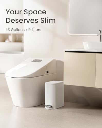 Cesun Small Bathroom Trash Can with Lid Soft Close & Pedal, 1.3 Gal, White | Removable Inner Bucket, Slim Stainless Steel Garbage Can for Bedroom/Office, Included 5 Trash Bags, Hidden Bag, Built to Last - color: White