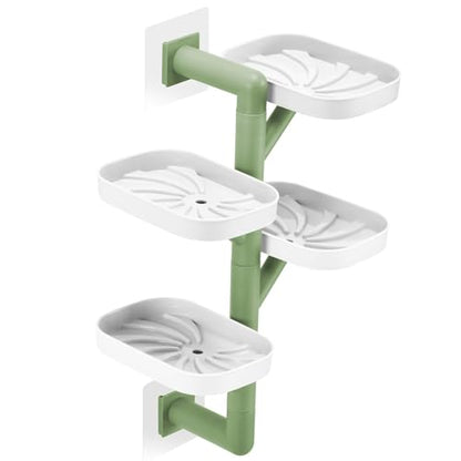 Soap Holder Four Layer Wall Mounted NO-Drilling Rotatable Self-draining Removable Soap Dish for Shower Bathroom Tray,Self Draining Sponge Holder,Razor Holder（White/Green） - color: White/Green