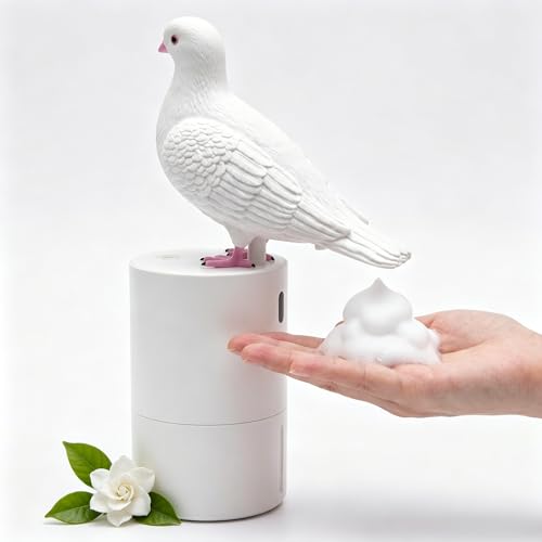 Cute Pigeon Touchless Foam Soap Dispenser for Bathroom Kitchen | Funny pigeon shape with rear foam outlet; soft rubber head, touchless sensor, multi-liquid fit; cute bath kitchen decor gift - color: White